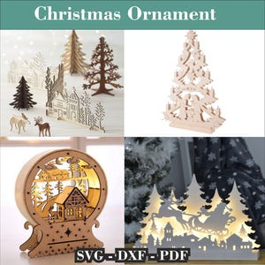 Weihnachtsornament Weihnachten Festliche Baum Hirsch Laser Cut Light Up Dekoration CDR Dxf SVG PDF-Datei, 5 Weihnachtsszene Laserschnitt, Beleuchtungs glowforge