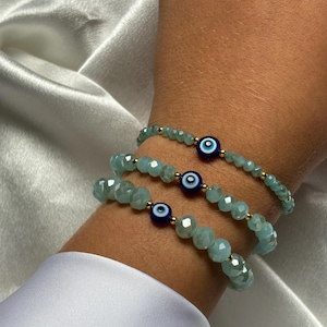 Pearl bracelet &quot;Ocean&quot;, freshwater pearls, evil eye, blue eye, glass crystal, light blue, turquoise, handmade bracelet, gift idea, summer