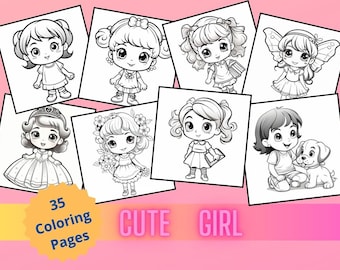 May include: A set of 35 coloring pages featuring cute girls in various poses and outfits. The pages are black and white and ready to be colored. The text "35 Coloring Pages" and "Cute Girl" are visible at the bottom of the image.