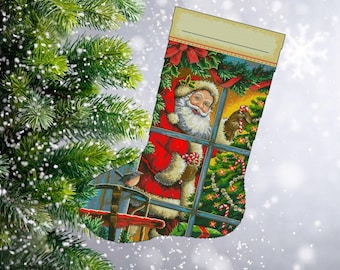 May include: A red and white Christmas stocking with a Santa Claus illustration. Santa is peeking through a window with a candy cane in his hand. The stocking has a green and red bow and a white tag.