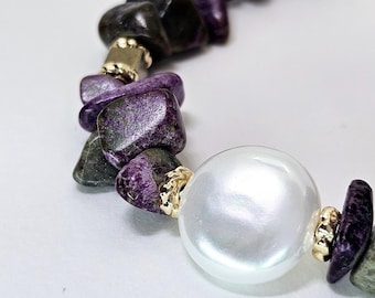Purple Gemstone Bracelet with Pearl - Natural Stone woman bracelet with Pearl and Pyrite