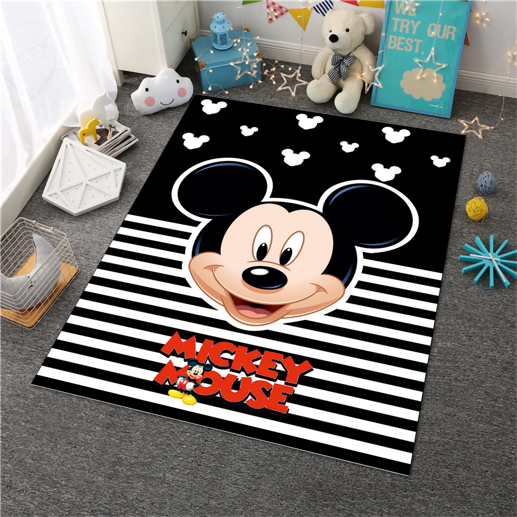 Discover Mickey Rug, Minnie Rug, Black Rug, Kids Room Rug, Nursery Decor, Kids Decor, Funny, Girl Room Rug, Custom Rug,