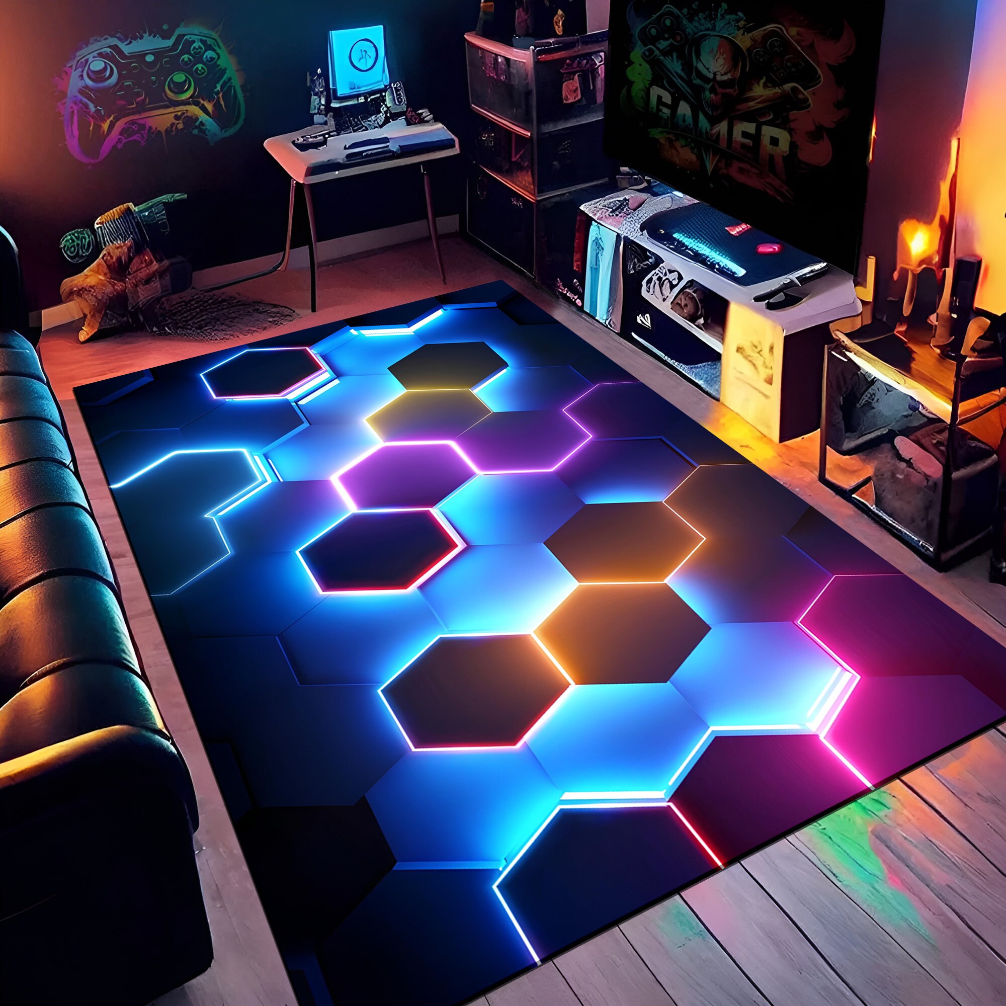 Discover 3D Rug, Neon Rug, Neon Geometric Rug, Gamer Decor, Colorful Rug, Gamer Room Rug,