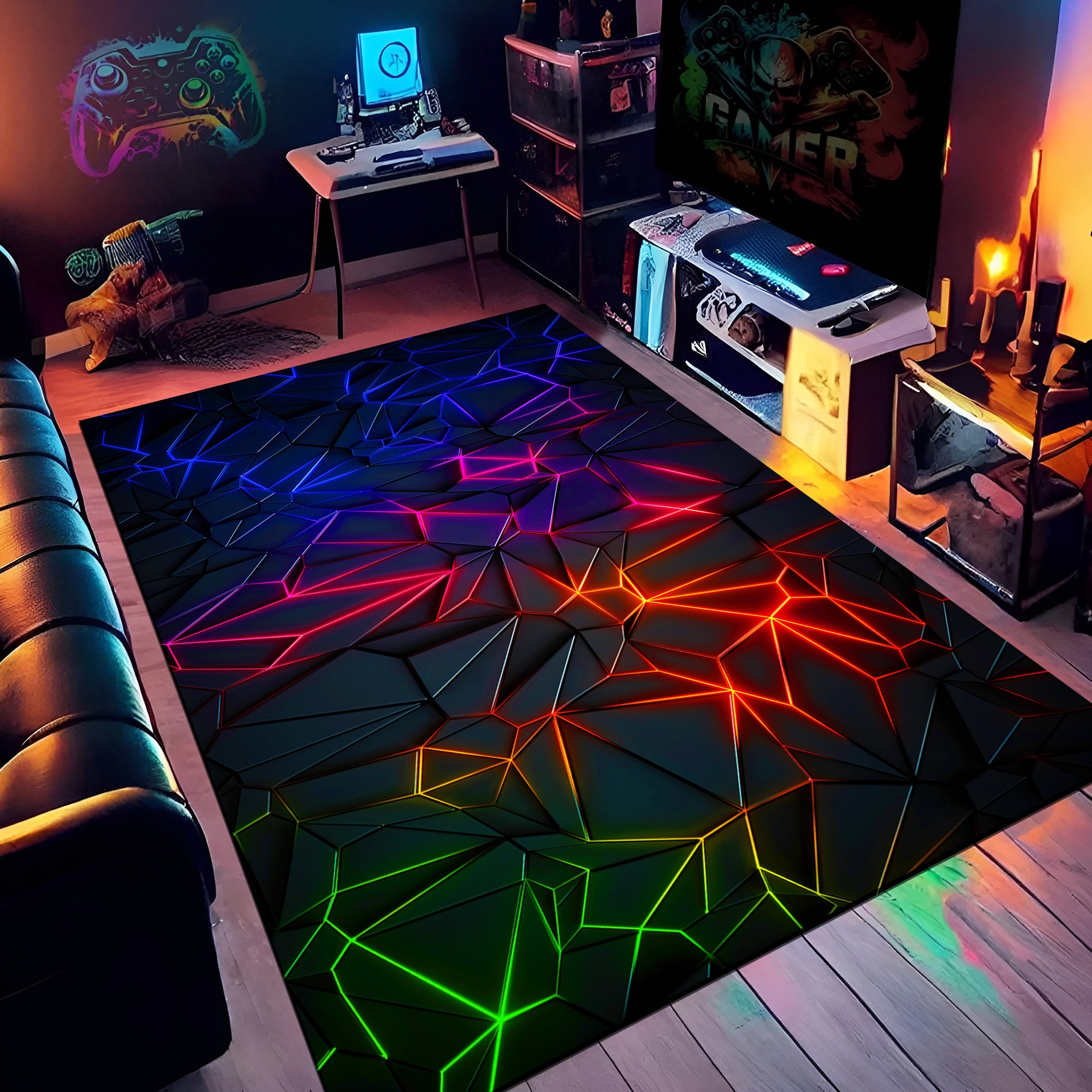 Neon Rug, Neon Pattern Rug, Neon Lines, Gamer Decor, Colorful Rug ...