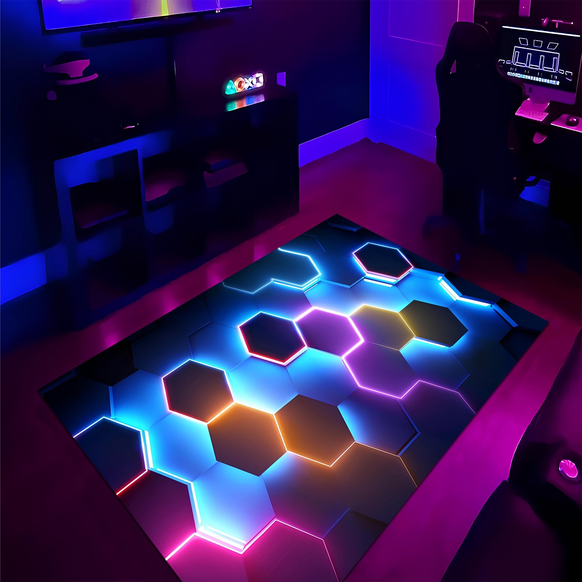 Discover 3D Rug, Neon Rug, Neon Geometric Rug, Gamer Decor, Colorful Rug, Gamer Room Rug,