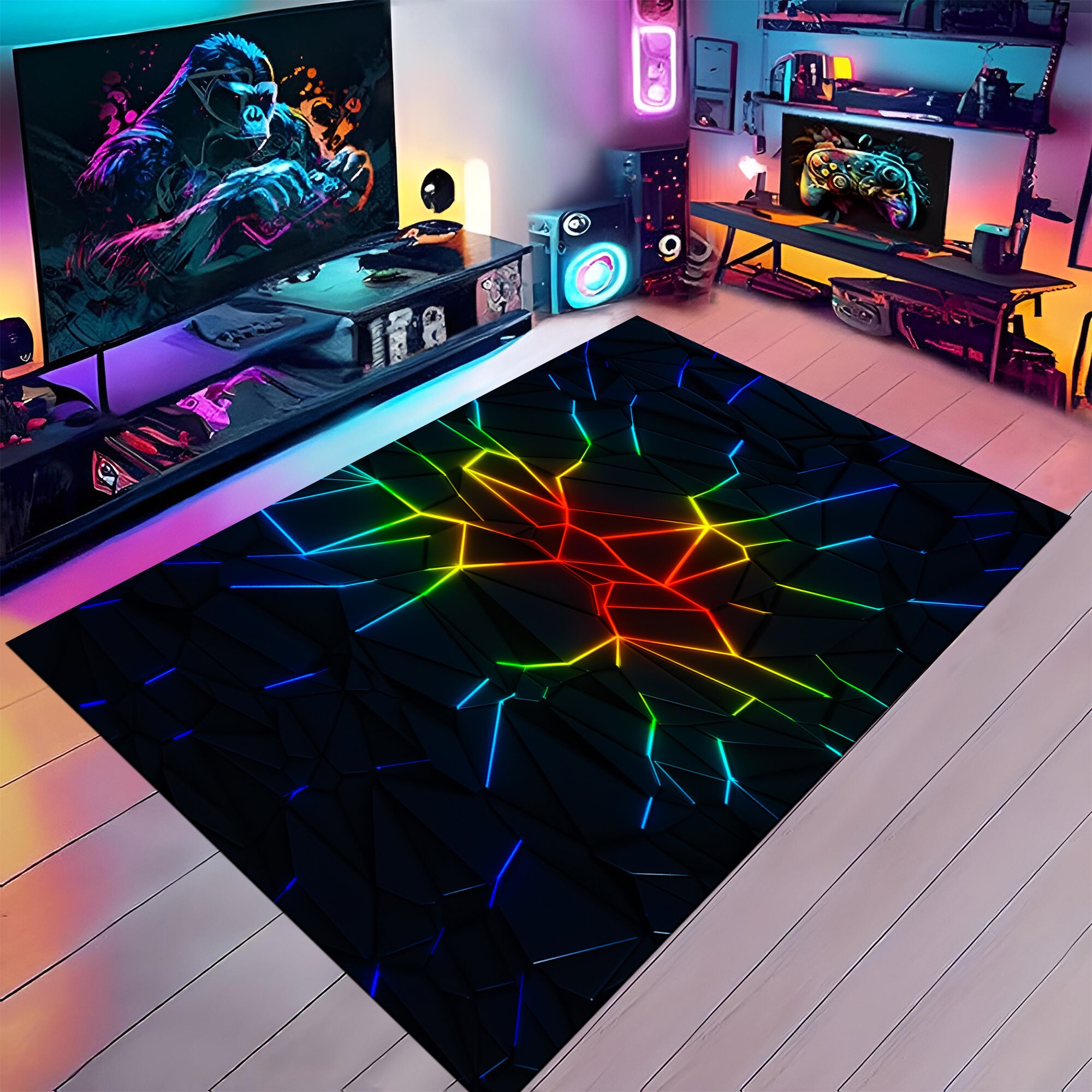 Neon Rug, Neon Pattern Rug, Neon Lines, Gamer Decor, Colorful Rug ...