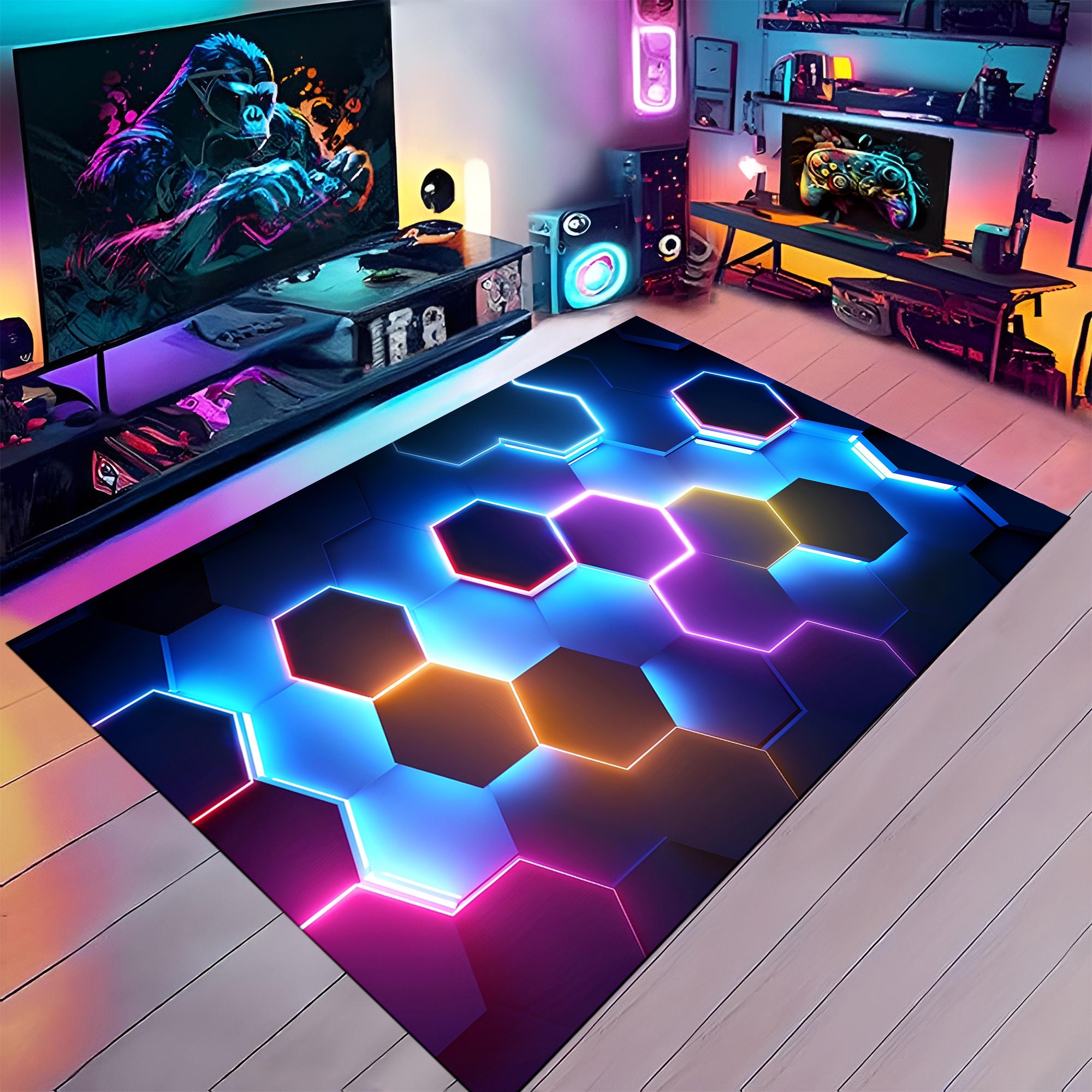 Discover 3D Rug, Neon Rug, Neon Geometric Rug, Gamer Decor, Colorful Rug, Gamer Room Rug,