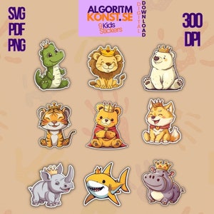 Lindo animal feliz - Descarga instantánea de pegatinas de dibujos animados Coronas PNG PDF SVG Archivos Ilustración Impresiones Fabricación de tarjetas Manualidades Descarga digital