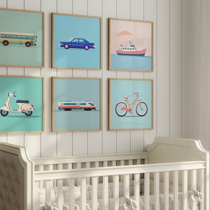 Arte de la pared de la guardería, coche, autobús, tren, cartel descargable de la habitación de los niños de transporte. Arte imprimible.