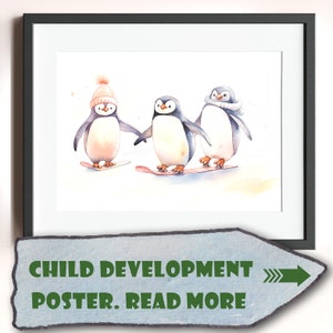 Cute Penguin nursery or childrens room downloadable poster illustration.