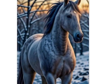Buckskin Mustang Sunset Snowy forest Horse Print