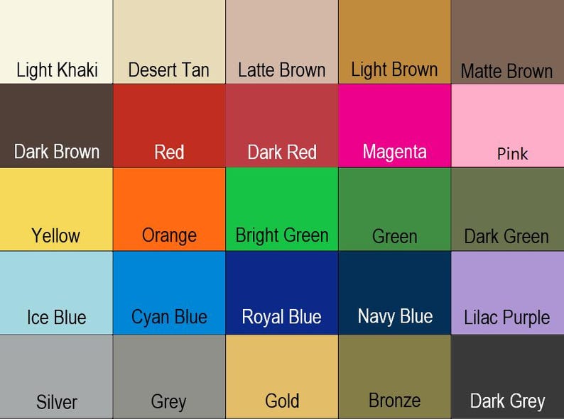 Puede incluir: Una carta de colores con 25 muestras de colores diferentes. Los colores est&aacute;n dispuestos en cinco filas de cinco muestras cada una. Los colores incluyen caqui claro, marr&oacute;n desierto, marr&oacute;n latte, marr&oacute;n claro, marr&oacute;n mate, marr&oacute;n oscuro, rojo, rojo oscuro, magenta, rosa, amarillo, naranja, verde brillante, verde, verde oscuro, azul hielo, azul cian, azul real, azul marino, morado lila, plata, gris, oro, bronce y gris oscuro.