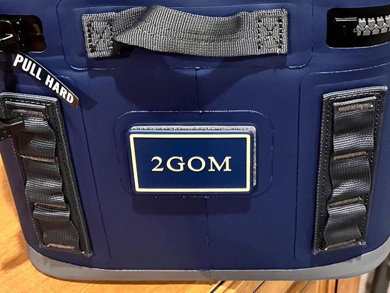 Yeti blue cooler with custom velcro patch