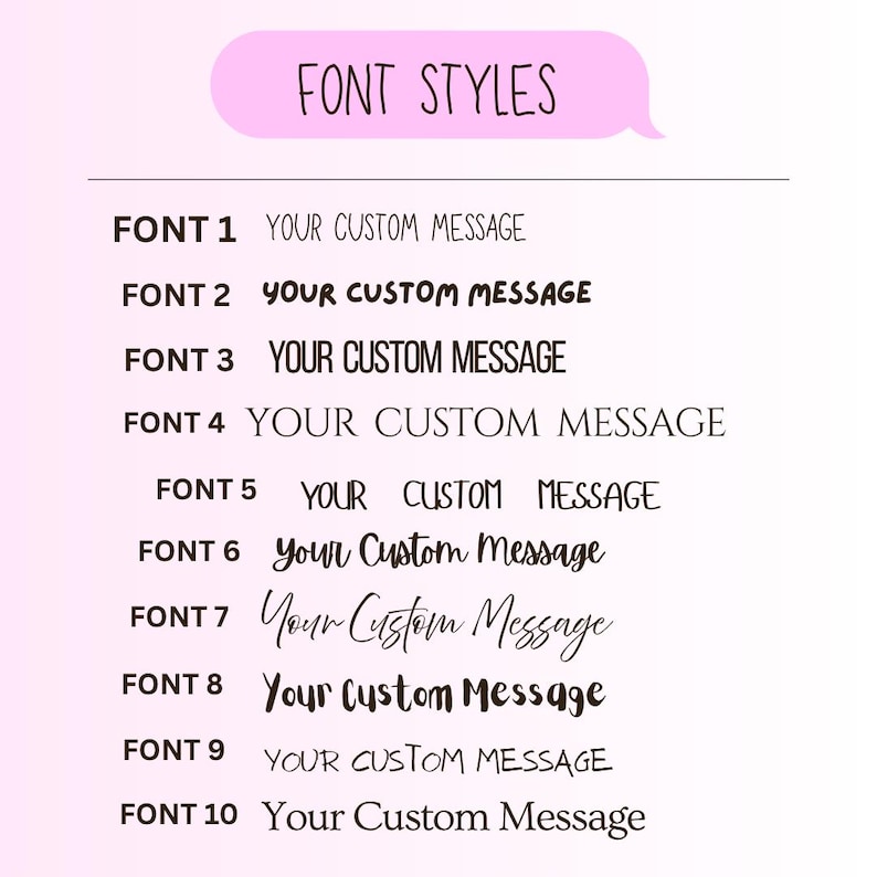 May include: A chart titled FONT STYLES in a pink speech bubble, displaying ten numbered options for text. Each line shows the label FONT followed by a number from 1 to 10, and the phrase YOUR CUSTOM MESSAGE rendered in ten distinct black typefaces.