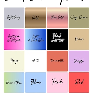 May include: A color chart titled Card Color options displaying sixteen square swatches with labels including Light Gray, Gold, Rose Gold, Sage Green, Light pink & Hot pink, Light & Dark Blue, Black white text, Brown, Beige, white, terracotta, Purple, Green/Blue, Blue, Pink, and Red, printed on matte 110 lb cardstock.