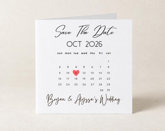 Tarjeta de anuncio de fecha personalizada, anuncio de fecha de calendario personalizado para boda, cumpleaños o baby shower, tarjeta de fecha con corazón impreso