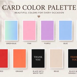 Puede incluir: Una paleta de colores para tarjetas de felicitaci&oacute;n con once muestras rectangulares en blanco, azul verdoso, rosa, morado, azul, verde salvia, rojo, naranja, negro con texto blanco, beige y negro con texto naranja. El texto dice CARD COLOR PALETTE.