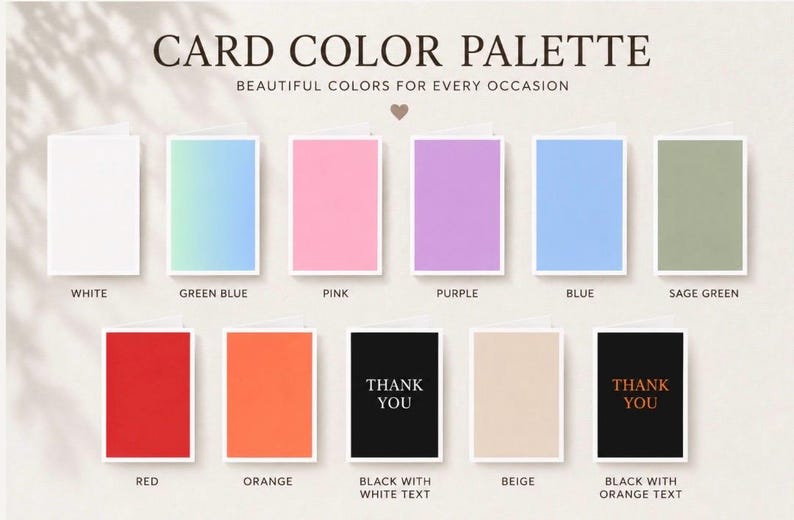 Puede incluir: Una paleta de colores para tarjetas de felicitaci&oacute;n con once muestras rectangulares en blanco, azul verdoso, rosa, morado, azul, verde salvia, rojo, naranja, negro con texto blanco, beige y negro con texto naranja. El texto dice CARD COLOR PALETTE.
