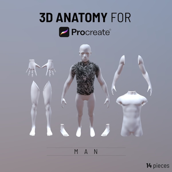 Procreate 3D object models, , 3D man model, 3D arm model, 3D leg model, 3D torso, procreate 3D human body, model tattoo, Tattoo mockup