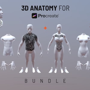 May include: 3D Anatomy for Procreate Bundle 30 pieces. A set of 30 pieces of 3D anatomy for use in the Procreate app. The anatomy is broken down into individual body parts, including a head, torso, arms, legs, hands, and feet. The anatomy is white and has a realistic appearance. The anatomy is displayed against a light gray background. The text '3D Anatomy for Procreate' is displayed in black text at the top of the image. The text 'Bundle' is displayed in black text at the bottom of the image. The text '30 pieces' is displayed in black text at the bottom right of the image.