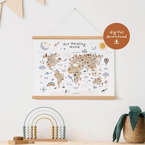 Wereldkaart afdrukbaar, onze geweldige wereldposter, wereldwonderen, dierenkaart, kinderdagverblijfdecor, babycadeau, digitale DOWNLOAD