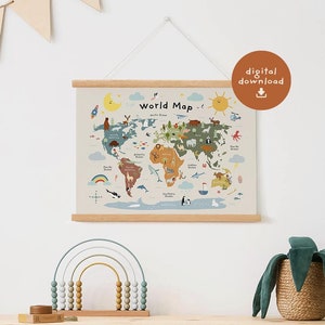Afdrukbare wereldkaart poster, klas decor, kinderkamer kunst aan de muur, kinderkamer educatieve poster, dierenwereldkaart, digitale DOWNLOAD