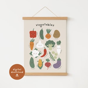 Tabla de verduras imprimible, cartel educativo Montessori, decoración de la guardería infantil, arte de descarga digital, decoración de la sala de juegos, decoración de la escuela en el hogar