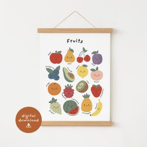 Fruit Chart print, Fruits Educational Poster, Children's Decor, Nursery Rainbow Decor, Montessori Kitchen Printable, Digital Download,