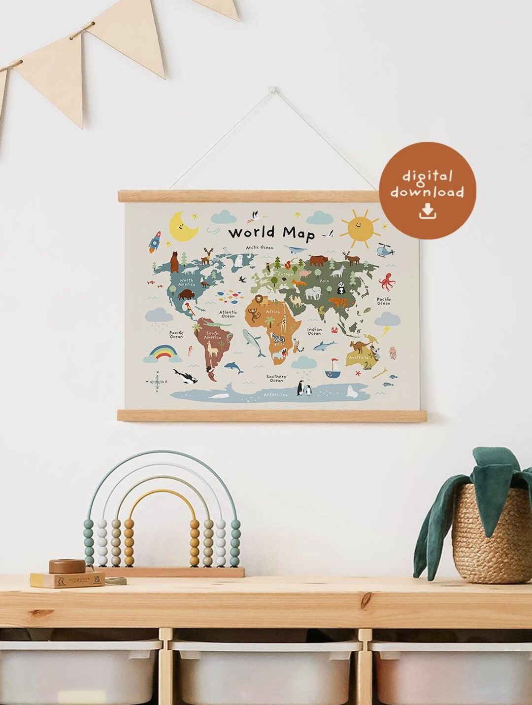 Printable World Map Poster, Classroom Decor, Nursery Wall Art, Kids ...