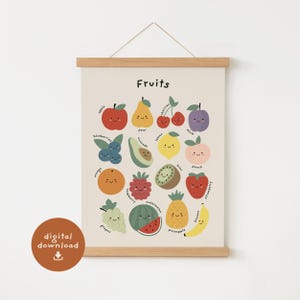 Fruit Chart print, Fruits Educational Poster, Children's Decor, Nursery Rainbow Decor, Montessori Kitchen Printable, Baby Gift