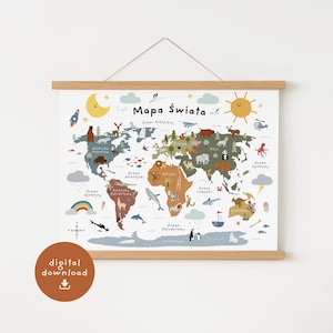Grote wereldkaart voor kinderen om af te drukken, decoratie voor in de klas, educatieve poster voor kinderen, wereldkaart met dieren, DOWNLOAD BESTAND