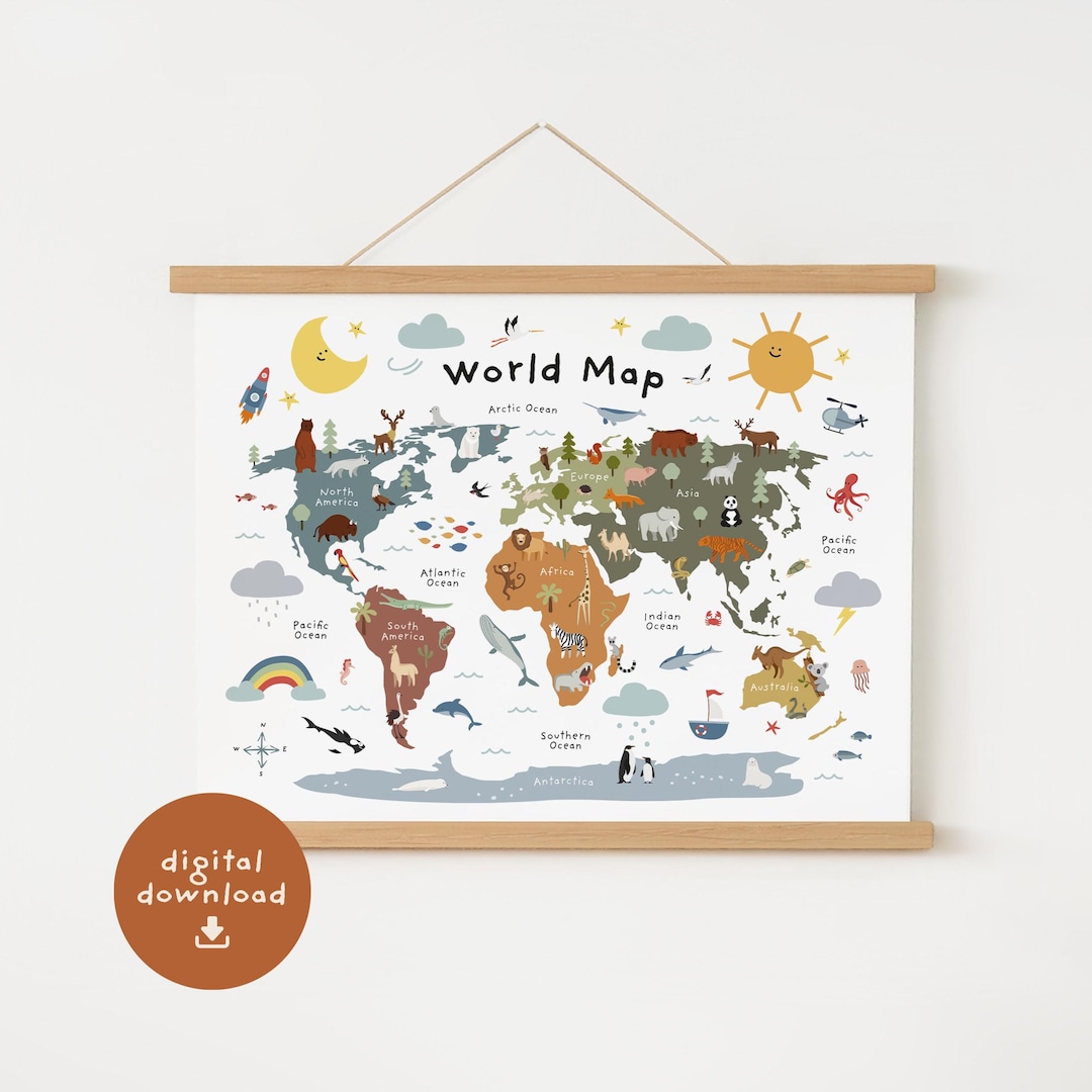 Printable World Map Poster, Classroom Decor, Nursery Wall Art, Kids ...