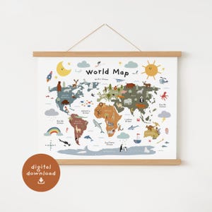 Pôster de mapa mundi para impressão, decoração de sala de aula, arte de parede de berçário, pôster educacional de quarto infantil, mapa mundi de animais, DOWNLOAD DIGITAL