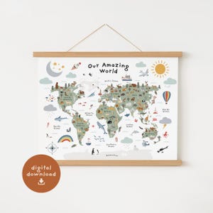 Weltkarte für Kinder zum Ausdrucken, Spielzimmer-Tier-Weltkarte, Wandkunst-Dekor für Kleinkinderzimmer, Druck für Homeschool, pädagogisches Poster, DIGITALER DOWNLOAD