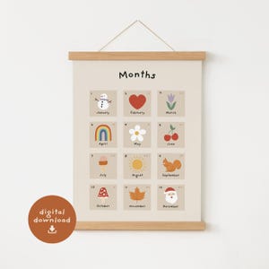 Maanden van het jaar poster voor kinderen, educatieve muurgrafiek afdrukbaar, kinderkamer decor, digitale download, klas poster, Montessori decor