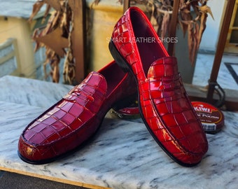 Made to Measure Men Red Texture Leather Crocodile Pattern Slip ons Shoe, Loafers Moccasin Unique Formal Handmade Shoes