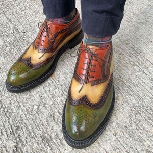 Men Three Tone Calf Leather Wingtip Shoes, Oxford Shoes, Brogue Lace up ...