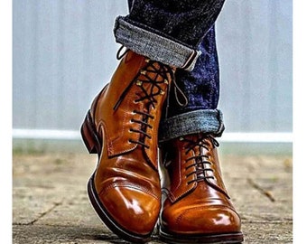 Bespoke Handcrafted Men's Boots Unique Artisan Footwear Tan Leather Ankle Derby Boot, Toe Cap Lace up Boots