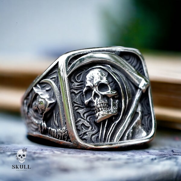 Unique Men's Skull Ring - 316L Stainless Steel Domineering Death Sickle Band