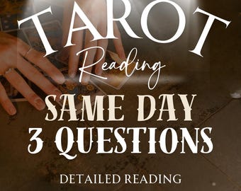 May include: Tarot reading with the text "Tarot Reading Same Day 3 Questions Detailed Reading" on a wooden surface.