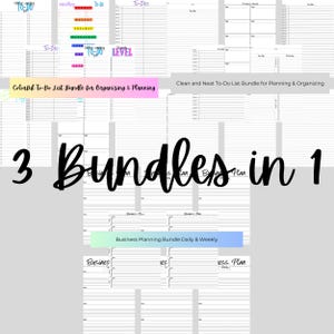 May include: Three printable bundles of to-do lists, including a colorful to-do list bundle, a clean and neat to-do list bundle, and a business planning bundle. The bundles include daily and weekly planners.