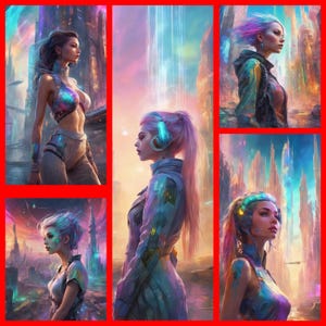 May include: A collage of four images featuring women with futuristic hairstyles and clothing in a cyberpunk setting. The images are set against a backdrop of colorful, glowing cityscapes.