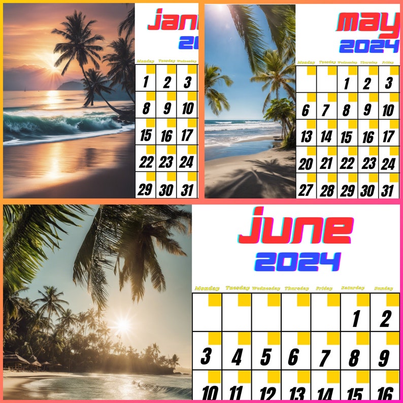 2024 Calendar Bali Beaches With Palm Trees in the Sun beautiful