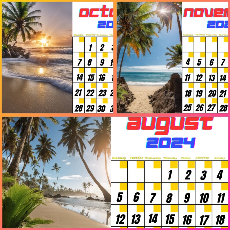 2024 Calendar Bali Beaches With Palm Trees in the Sun beautiful