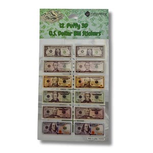 Pegatinas de billetes de dólar de CraftomizeUSA, pegatinas de signo de dólar, pegatinas de dinero, regalos de fiesta de dinero, paquete de 12 pegatinas de billetes de dólar de EE. UU. con efecto hinchado.