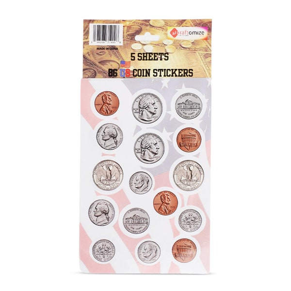 USA coin stickers 5 sheets 86 stickers quarters /dimes /nickels/ pennys/stickers for kids and arts and crafts and schools