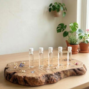 May include: Six clear glass vials with white caps are arranged on a rustic wooden slab. The vials are filled with a clear liquid. The wooden slab is decorated with small dried flowers. Potted plants are in the background.