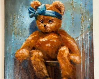 Noursonne, Peinture de peluche,  ours en peluche, portrait original à l'huile, Peluche, Doudou, turquoise, brun, Tableau de peluche, cadeau