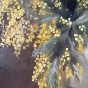May include: A painting of a bouquet of yellow mimosa flowers with green leaves. The flowers are arranged in a vase, and the background is a dark brown.