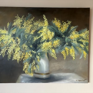 Mimosa, Peinture de bouquet de fleurs, mimosa en vase, Peinture à l&#39;huile originale, vase de fleurs, tableau de mimosa en fleurs, cadeau.